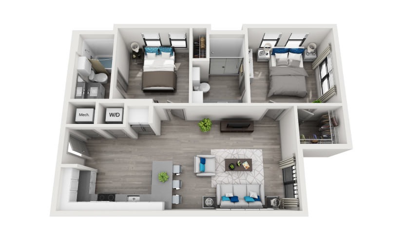 B1 - 2 bedroom floorplan layout with 2 bathrooms and 911 square feet